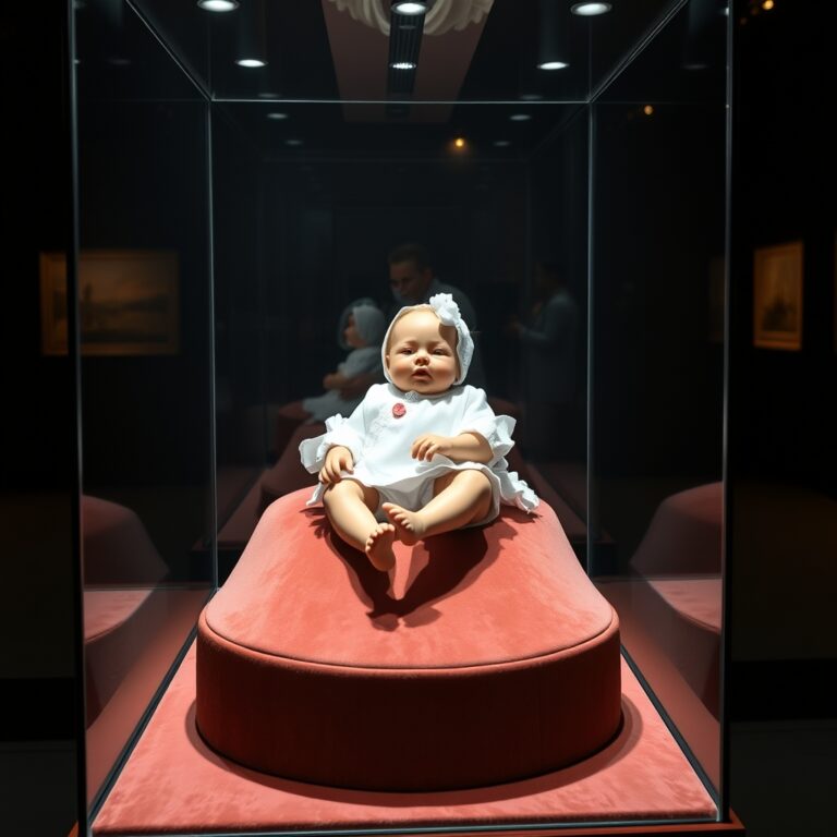 Bambola reborn ultra realistica in vetrina museo