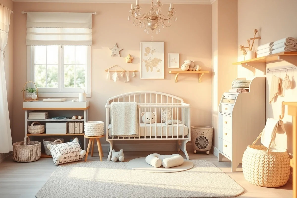 Angolo nursery con lettino in legno chiaro, copertina avorio e ghirlanda di fiori secchi