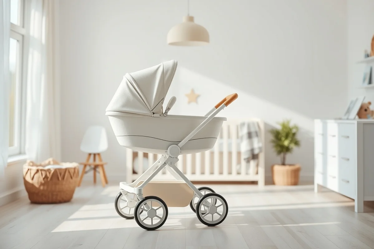 Carrozzina elegante avorio con telaio cromato e parasole in pizzo fotografata in stanza luminosa con parquet chiaro