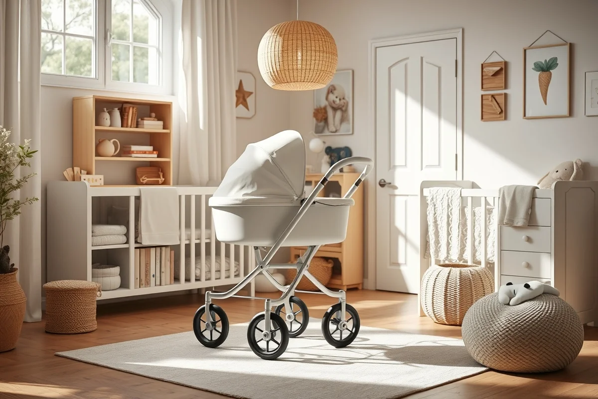 Passeggino singolo bianco con cappottina a soffietto aperta posizionato vicino a una finestra luminosa in ambiente domestico