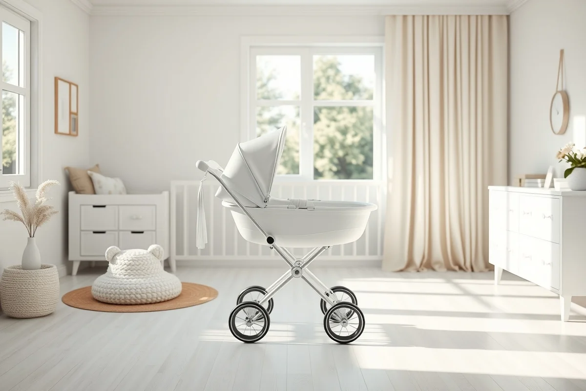 Tre passeggini per bambole affiancati in una stanza luminosa: ombrellino leggero, singolo classico bianco e carrozzina vintage crema