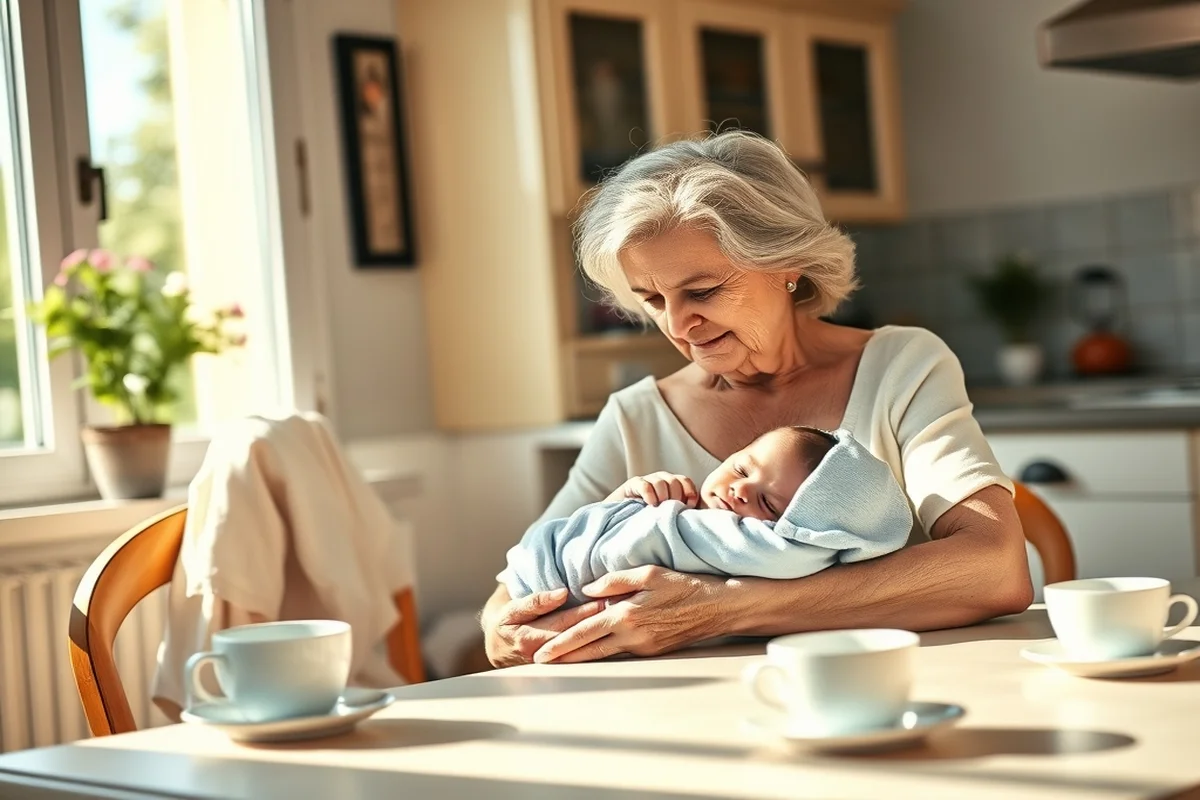 cucina italiana luminosa con luce solare, figlia adulta e madre anziana sedute al tavolo, la madre tiene amorevolmente un neonato dormiente in tutina blu morbida, momento familiare caldo