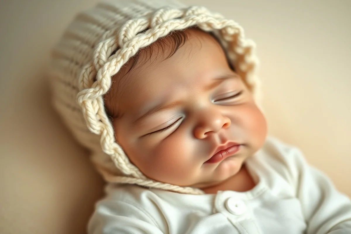 ritratto ravvicinato di neonato dormiente con cuffietta lavorata color crema e tutina bianca, espressione serena, luce studio morbida, sfondo bianco caldo