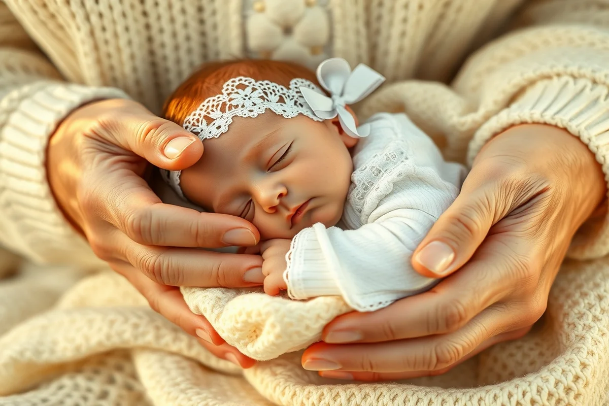 mani anziane con rughe sottili che tengono delicatamente un neonato dormiente in tutina bianca di pizzo, luce dorata, coperta crema