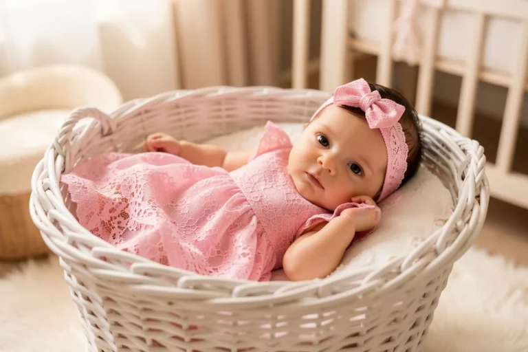 bambole reborn femmine vestito rosa pizzo nella culla di vimini