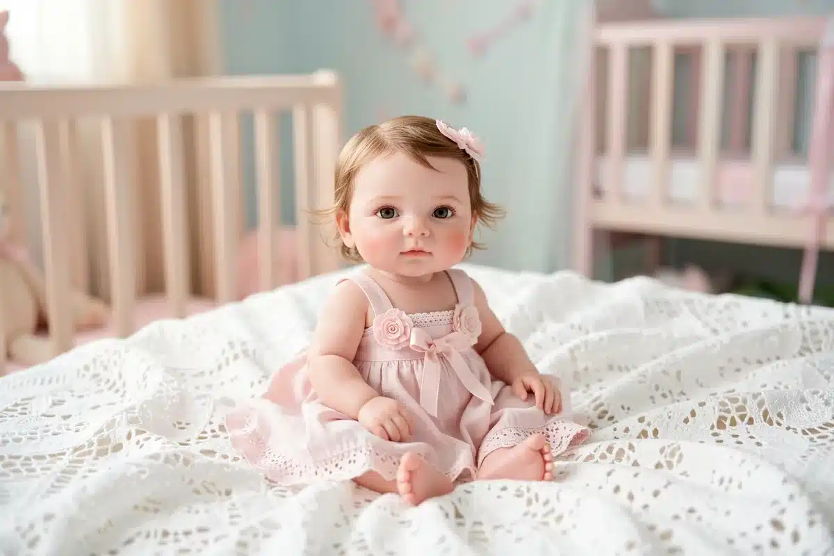 bambola reborn originale artigianale su coperta di pizzo bianco