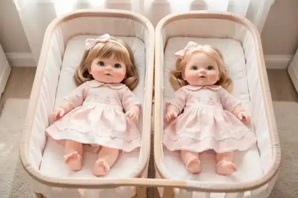 bambole reborn gemelli maschio e femmina outfit coordinati nella culla doppia