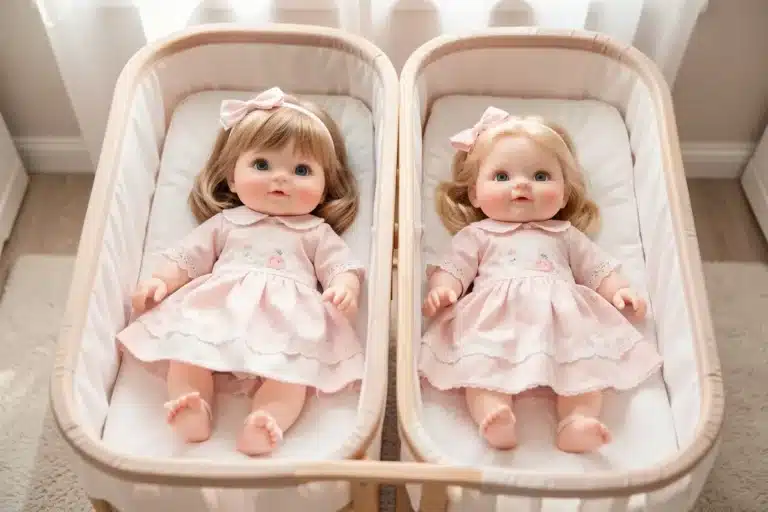 bambole reborn gemelli maschio e femmina outfit coordinati nella culla doppia