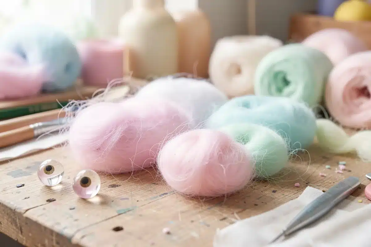 materiali premium bambole reborn mohair occhi vetro su banco lavoro