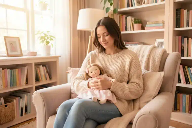 donna con bambola reborn in poltrona hobby rilassante psicologia