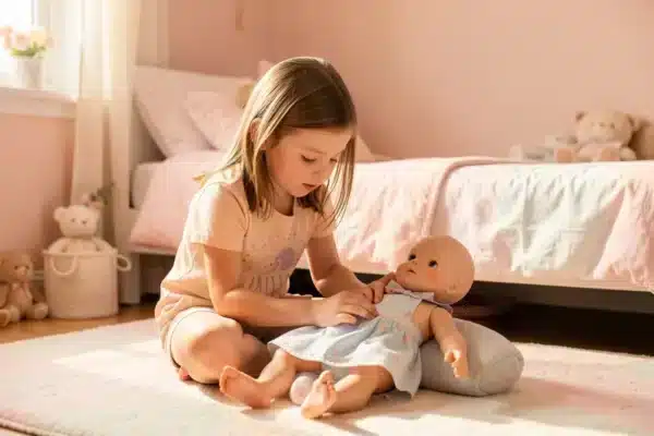 bambina gioca con bambola reborn per bambini gioco educativo camera pastello