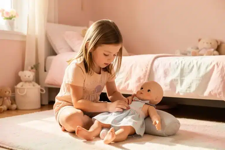 bambina gioca con bambola reborn per bambini gioco educativo camera pastello