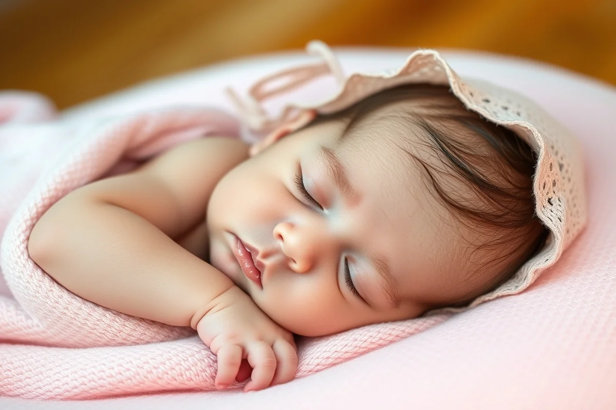 Neonato dormiente in coperta rosa con cuffietta in merletto bianco, luce naturale soffusa, fotografia editoriale