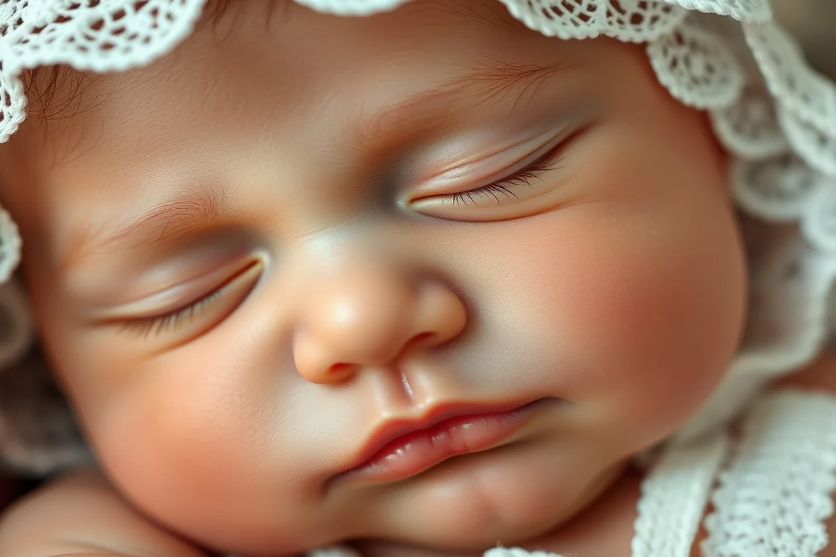 Primo piano di neonato addormentato con guancette rosa, labbra socchiuse e cuffietta bianca in pizzo, luce soffusa