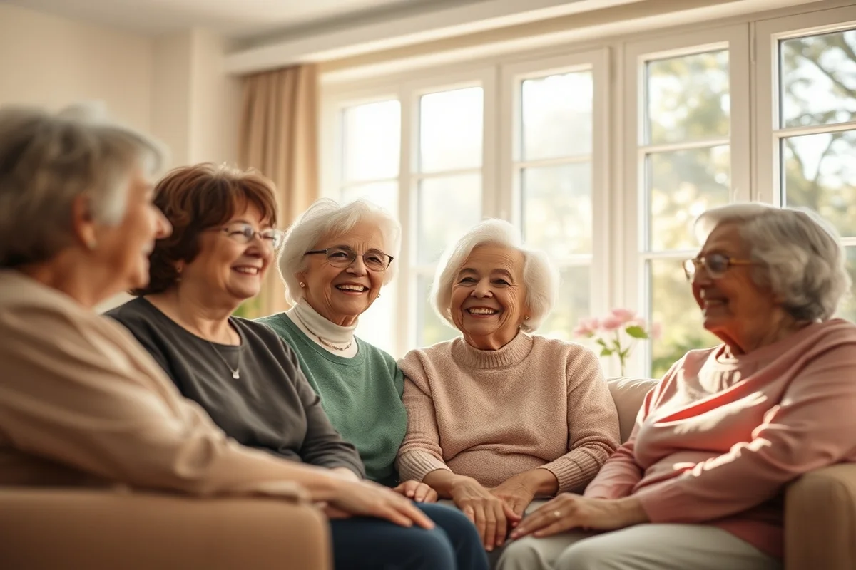 Gruppo di anziane in sala comune luminosa di RSA italiana che sorridono e conversano con luce naturale dalle finestre