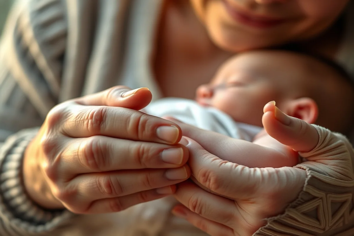 primo piano delle manine di un neonato su copertina rosa chiaro luce naturale soffusa