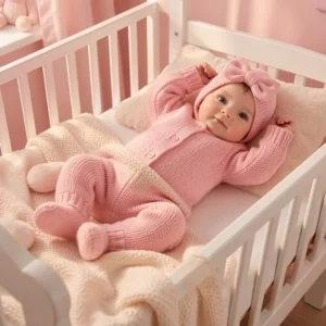 Bambola reborn Sunny neonata nella culla rosa morbida nursery