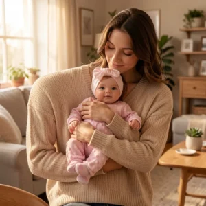 Donna che tiene bambola reborn Sunny 43cm in braccio lifestyle