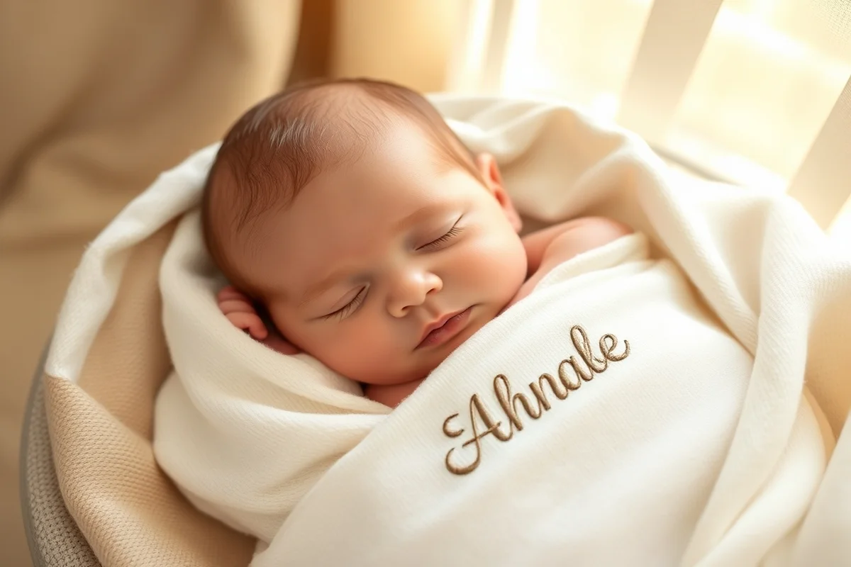 Neonato maschio avvolto in copertina bianca personalizzata con nome ricamato, luce mattutina morbida