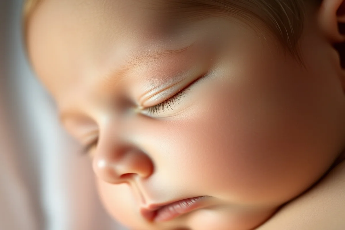 Primo piano del viso di neonato maschio che dorme, pelle delicatissima, ciglia sottili, labbra socchiuse