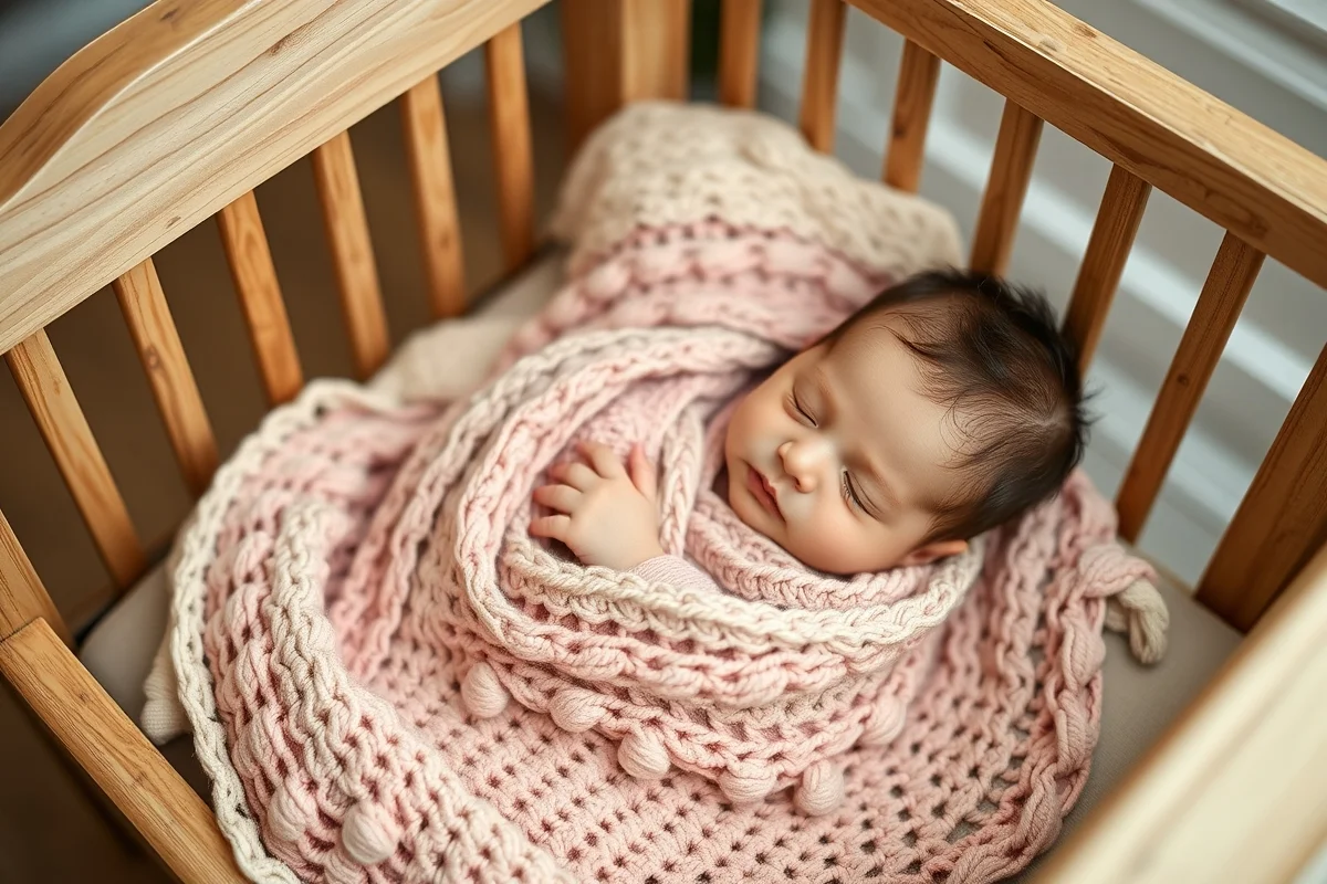 neonato avvolto in copertina all'uncinetto punto shell color crema, fotografia professionale nursery