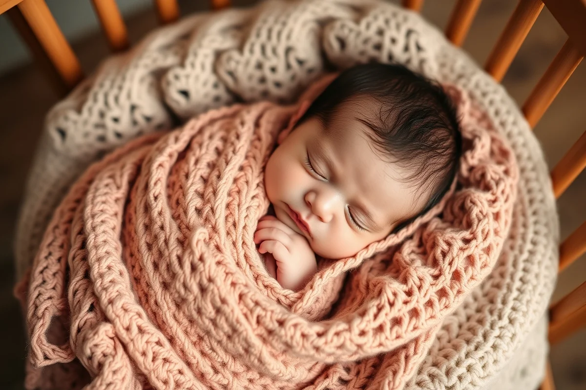 neonato che dorme su copertina chevron all'uncinetto color menta e crema, fotografia professionale newborn