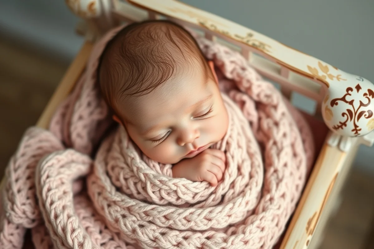 mani della nonna che tengono neonato avvolto in copertina all'uncinetto fatta a mano, luce calda pomeridiana
