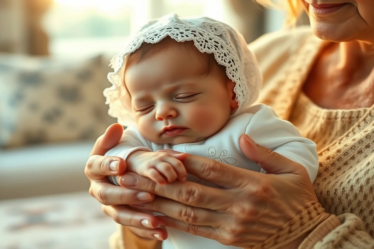 neonato dormiente con cuffietta in pizzo bianco tra le mani di una nonna italiana, luce calda del tardo pomeriggio neonato dormiente con cuffietta in pizzo bianco tra le mani di una nonna italiana, luce calda del tardo pomeriggio