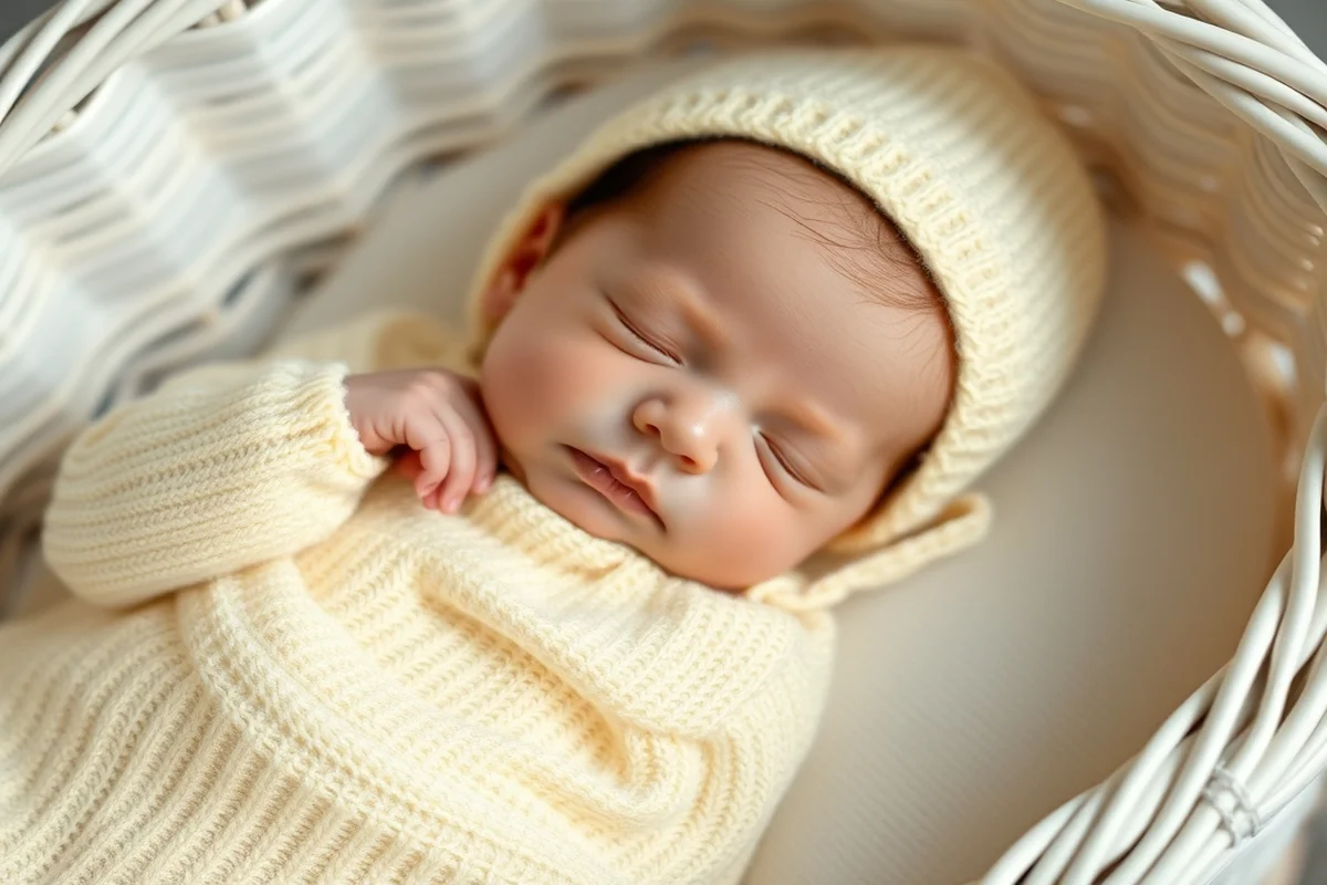 neonato dormiente in cesta di vimini bianca con tutina e cuffietta giallo pastello, primo piano del viso con tratti delicati neonato dormiente in cesta di vimini bianca con tutina e cuffietta giallo pastello, primo piano del viso con tratti delicati