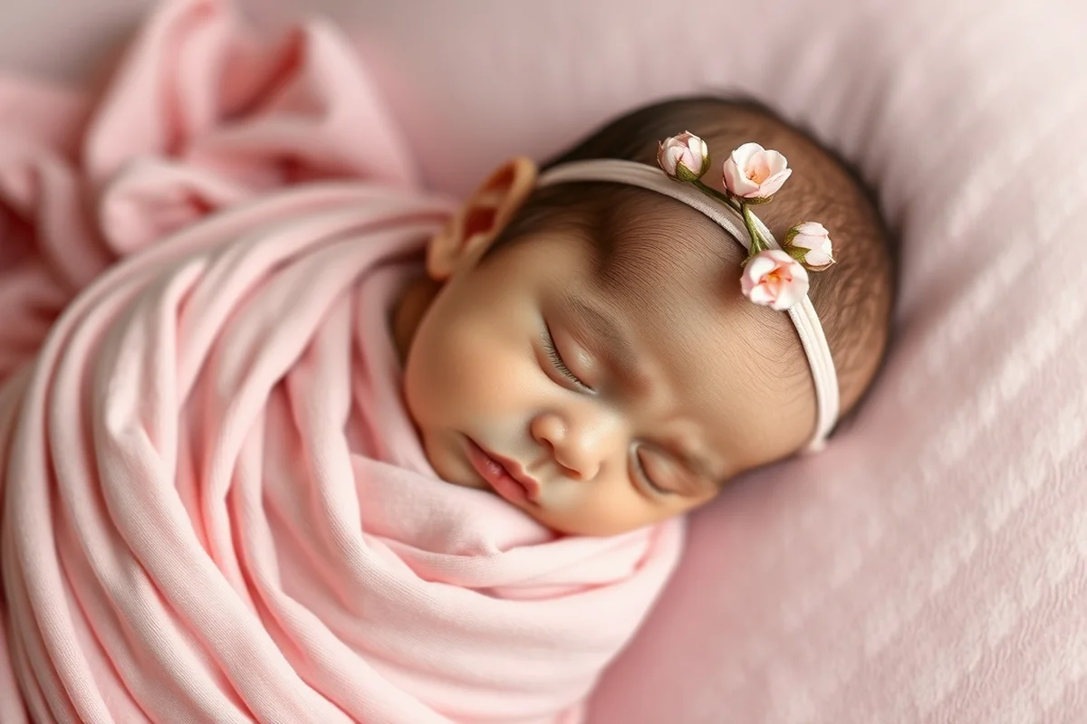 neonato dormiente avvolto in mussola rosa con fascia floreale, scatto dall'alto con illuminazione diffusa da studio professionale neonato dormiente avvolto in mussola rosa con fascia floreale, scatto dall'alto con illuminazione diffusa da studio professionale