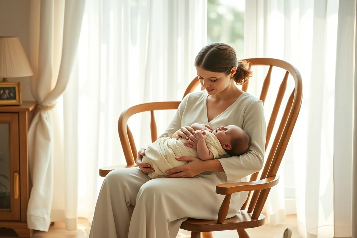 donna che culla neonato avvolto in mussola crema su sedia a dondolo in legno, luce del pomeriggio filtrata da tende bianche in interni italiani donna che culla neonato avvolto in mussola crema su sedia a dondolo in legno, luce del pomeriggio filtrata da tende bianche in interni italiani