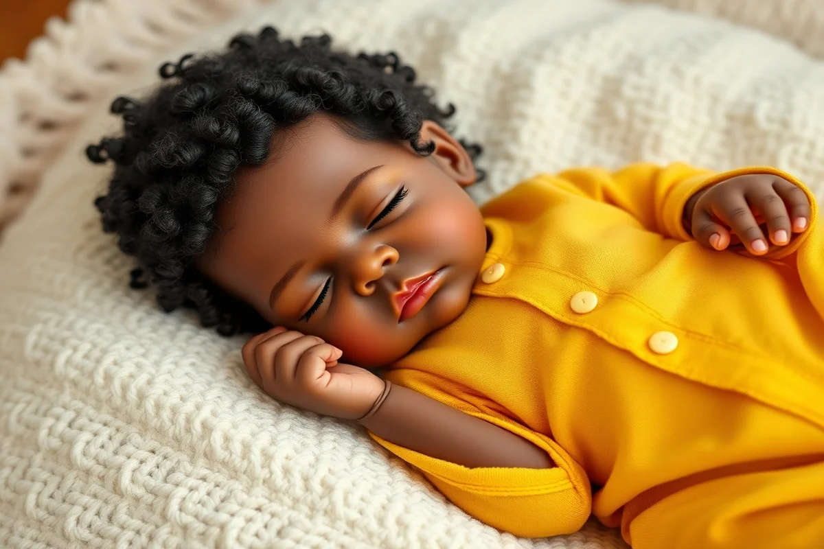 Bambola reborn di colore con capelli ricci neri e vestito giallo