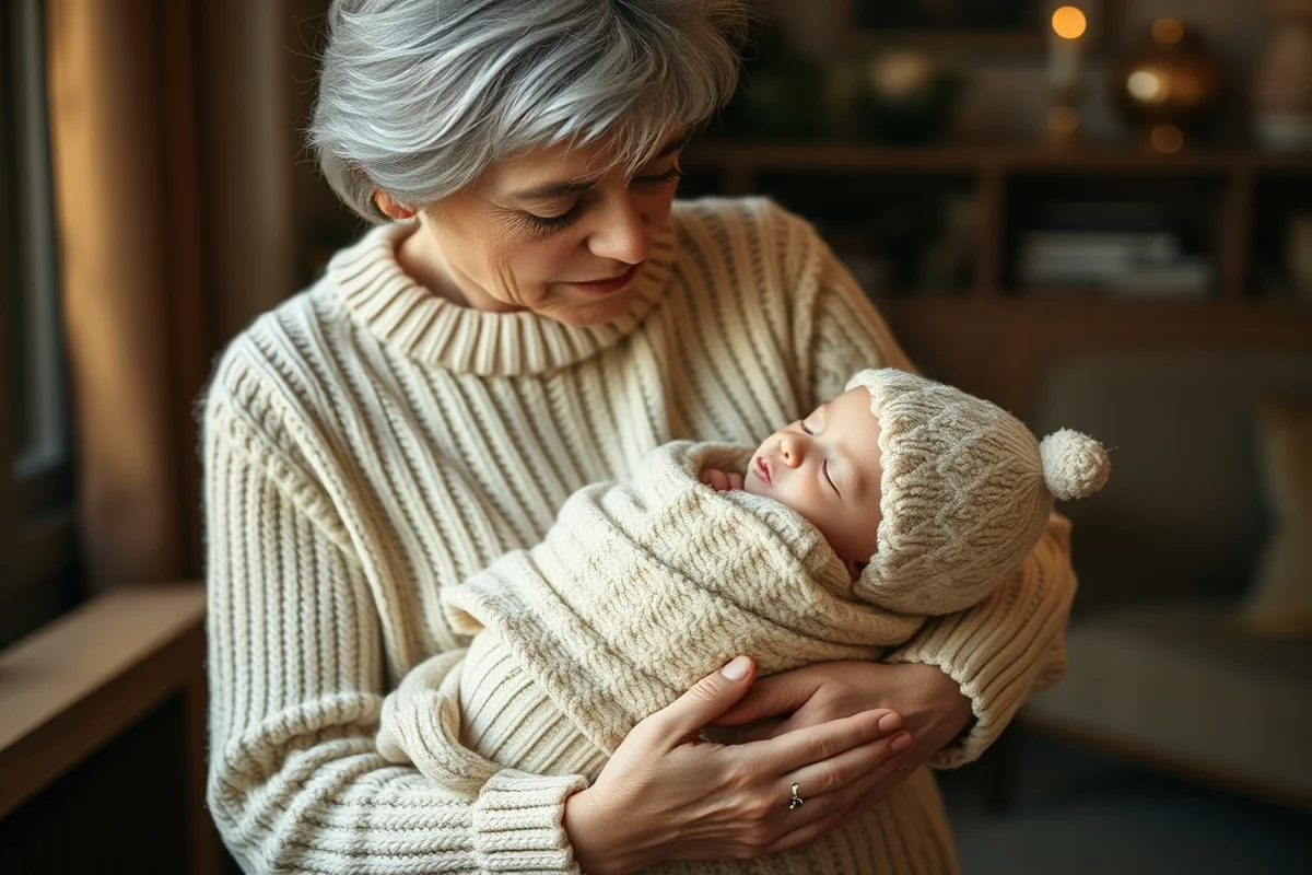 anziana che tiene in braccio un neonato dormiente in outfit di lana color crema, casa italiana con luce pomeridiana calda