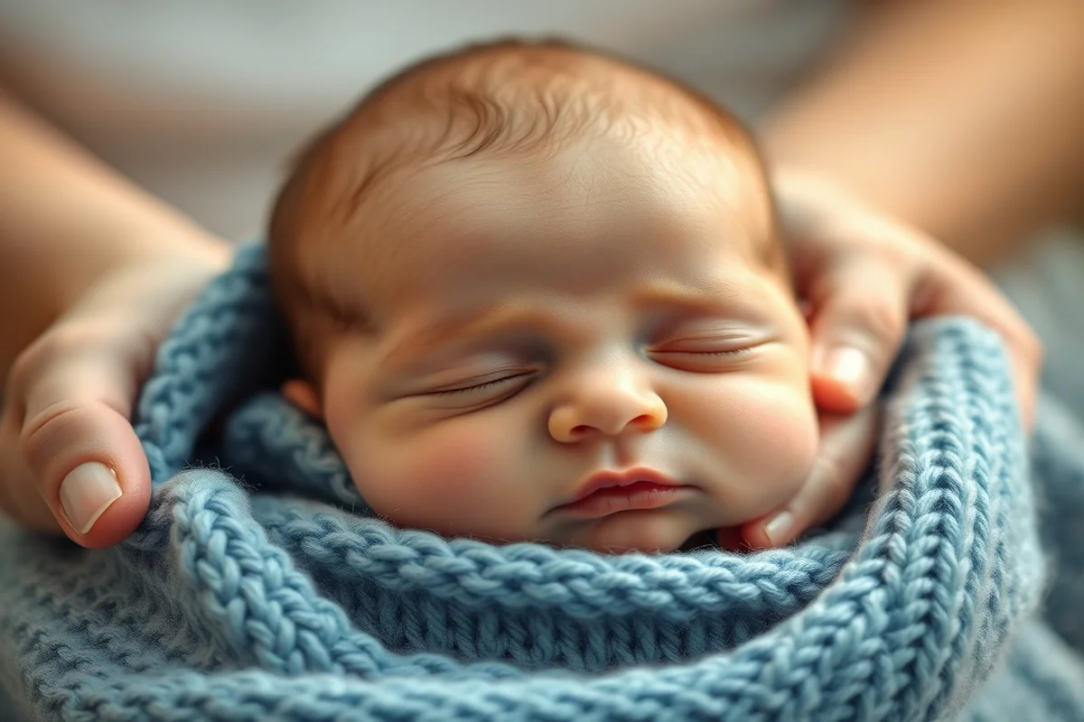 neonato dormiente in outfit celeste pallido, mani di un caregiver che accarezzano delicatamente, ambiente assistenziale con luce naturale calda