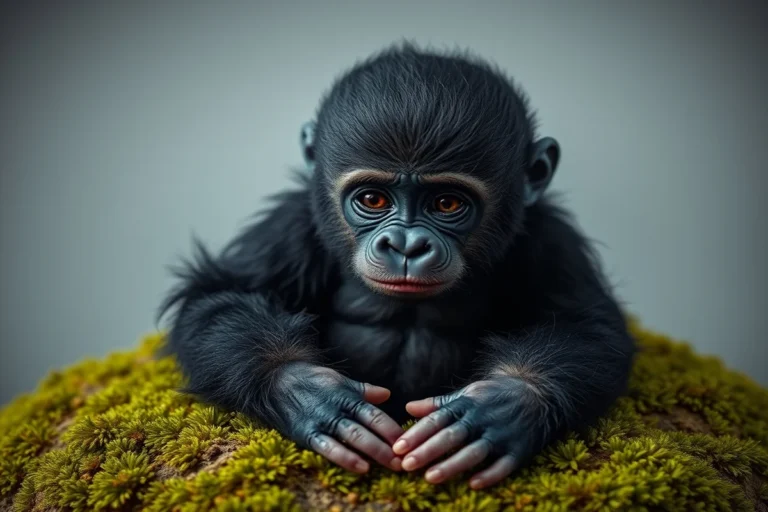 Scimmia reborn gorilla realistica con pelliccia scura e sguardo curioso