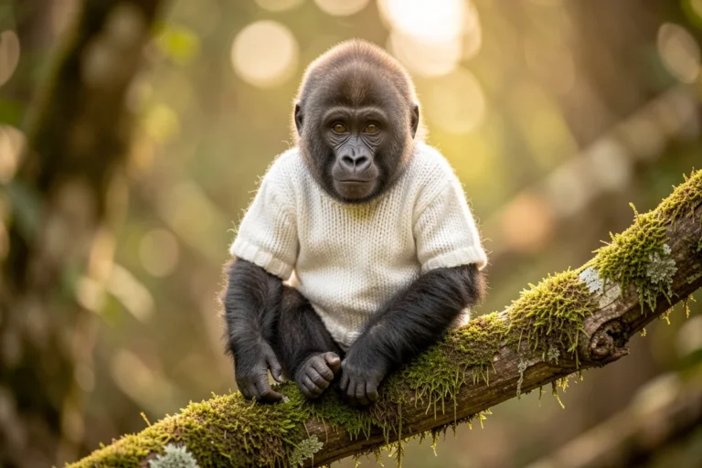 cucciolo gorilla reborn con outfit bianco su ramo muschiato