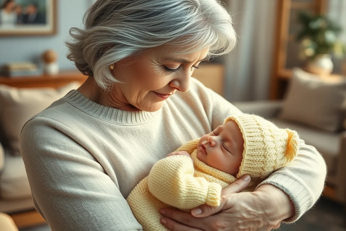 nonna italiana con capelli argentati che tiene in braccio un neonato addormentato vestito di giallo, luce del pomeriggio, momento di tenerezza