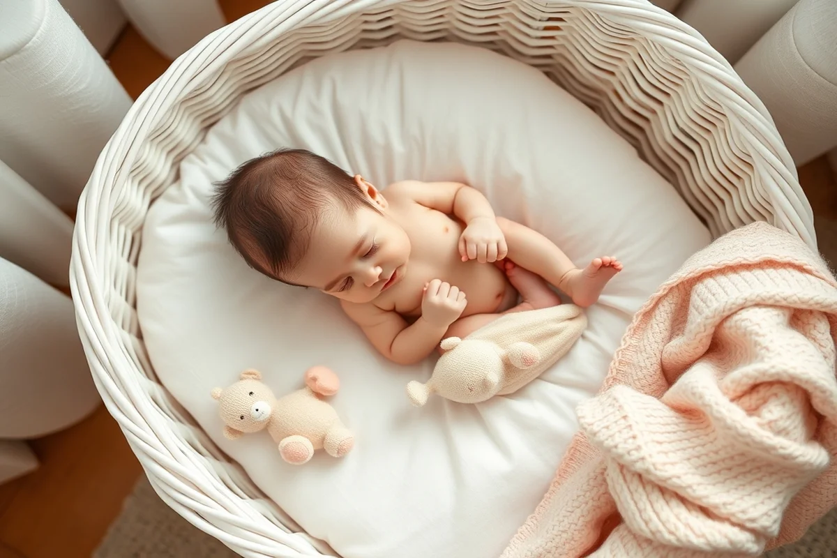 neonato che dorme in culla di vimini bianca con lenzuolino bianco, copertina rosa lavorata a maglia e peluche pastello, vista dall'alto, cameretta luminosa