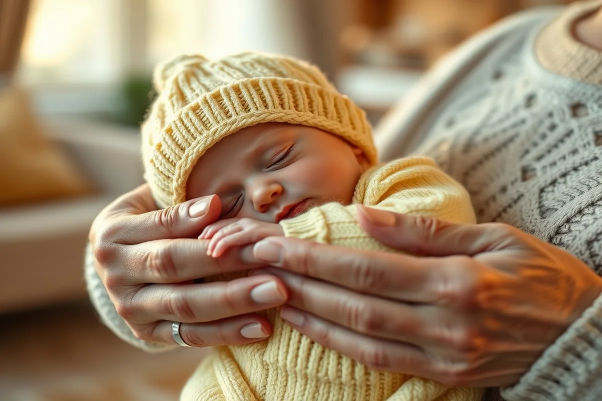 mani di nonna anziana che cullano con tenerezza un neonato in tutina gialla a maglia