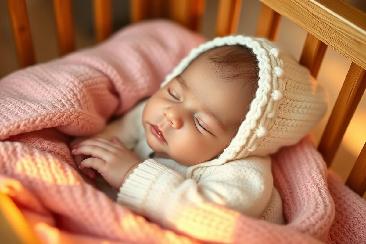 neonato addormentato in tutina bianca lavorata a maglia con cuffietta nella culla di legno, luce dorata