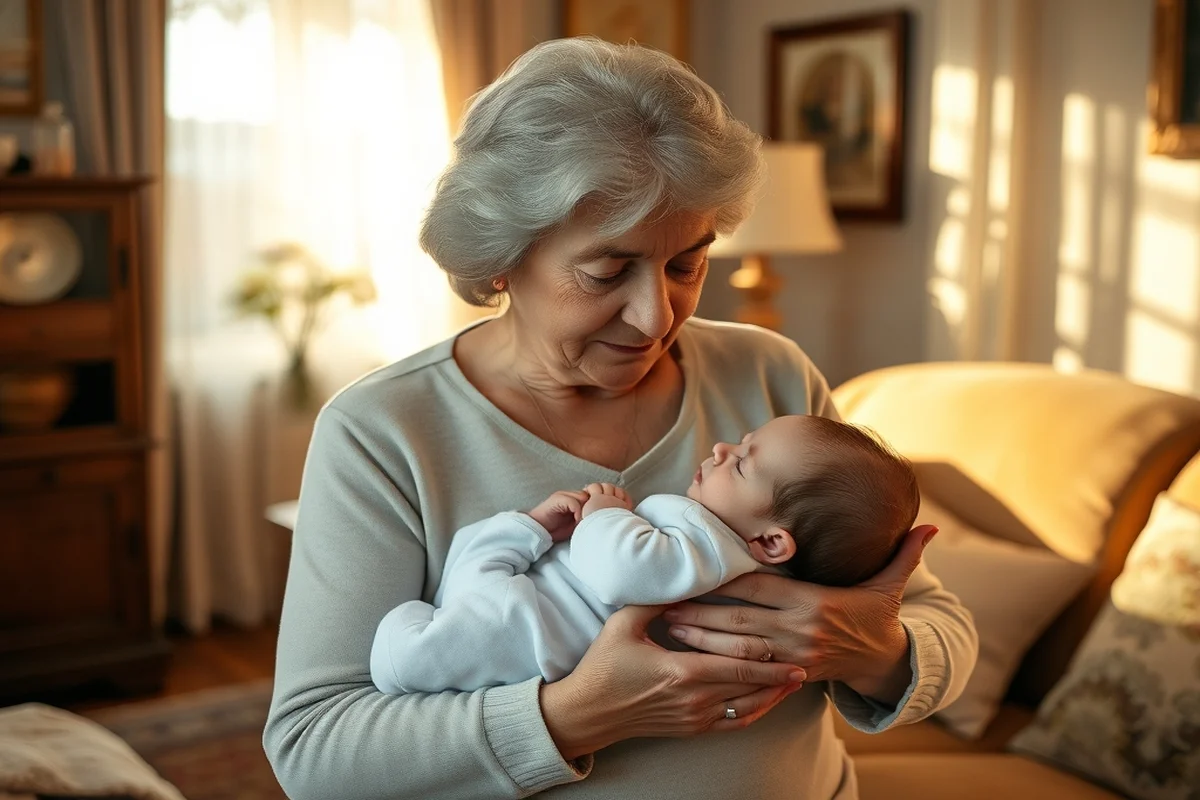 nonna italiana con capelli bianchi che tiene in braccio un neonato in tutina celeste, luce pomeridiana attraverso tende di pizzo, salotto italiano
