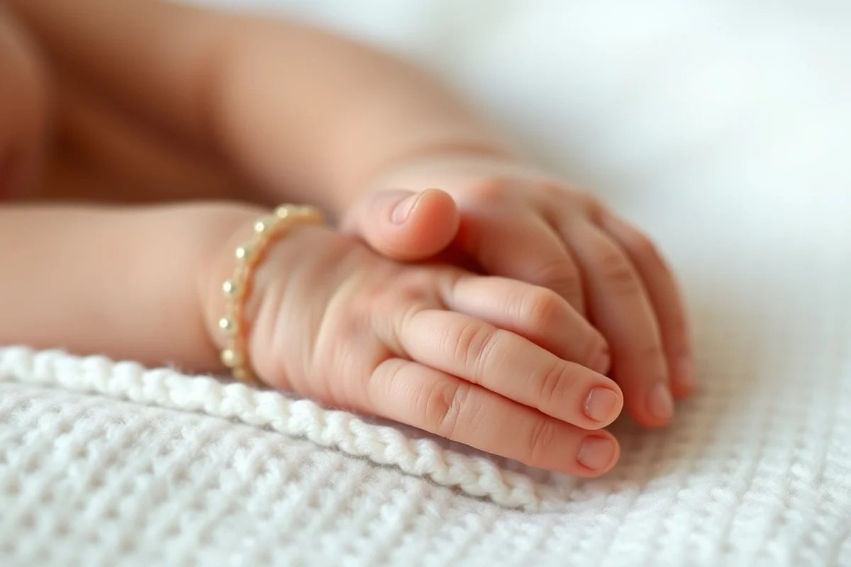 primo piano delle minuscole manine di un neonato addormentato su copertina di cotone bianco, dita delicatamente arricciate, luce diffusa dalla finestra
