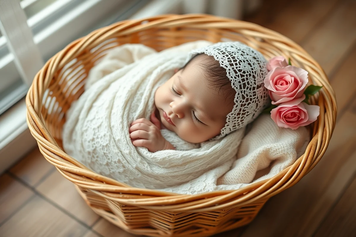 neonato addormentato nella culla di vimini con bordo di pizzo bianco, bouquet di rose rosa pallido accanto, luce mattutina italiana attraverso tende trasparenti