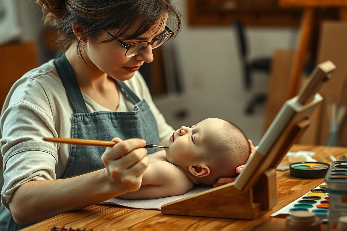 Artista reborn che dipinge con pennelli fini un neonato in silicone nel suo studio, espressione concentrata