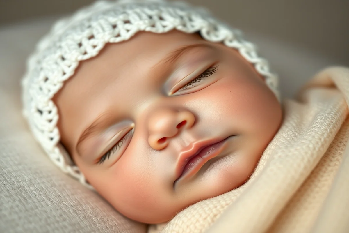 Primo piano di neonato che dorme con cappellino bianco a maglia, pelle rosata delicata, fotografia professionale in studio
