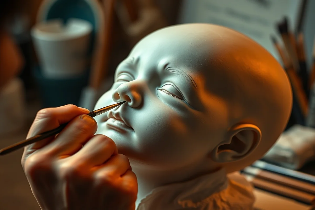 Mani di artista reborn che applicano pigmenti a strati su un neonato in silicone con pennellini fini, lavorazione in macro
