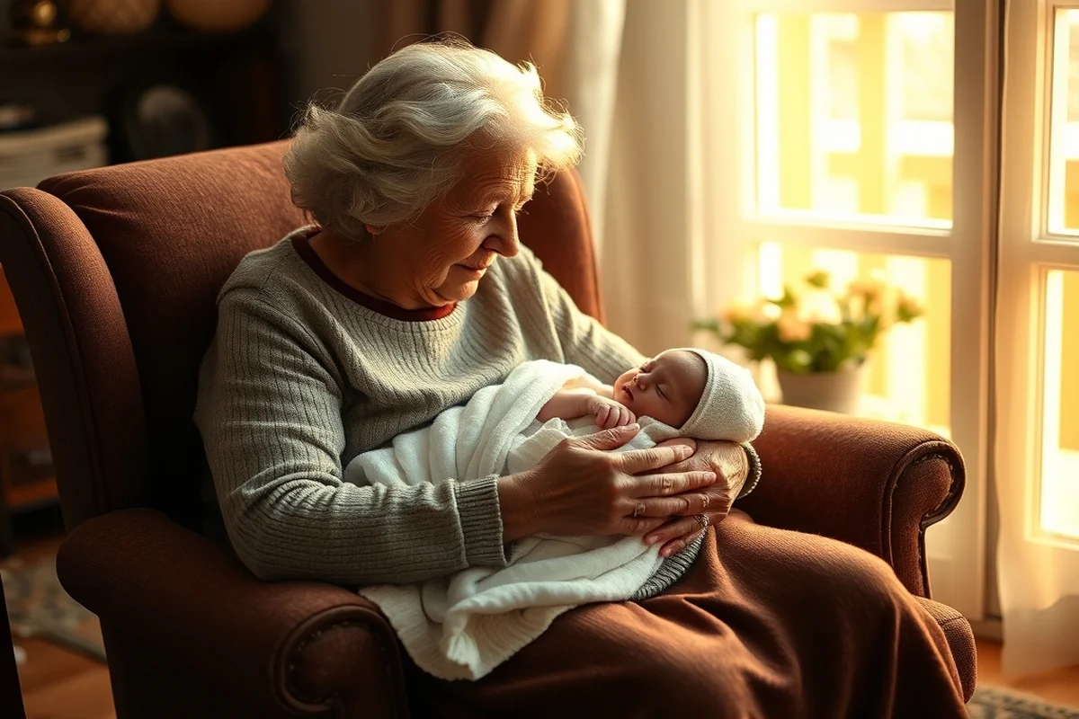 Nonna anziana che culla teneramente un neonato avvolto in copertina bianca, luce pomeridiana calda, interno casa italiana