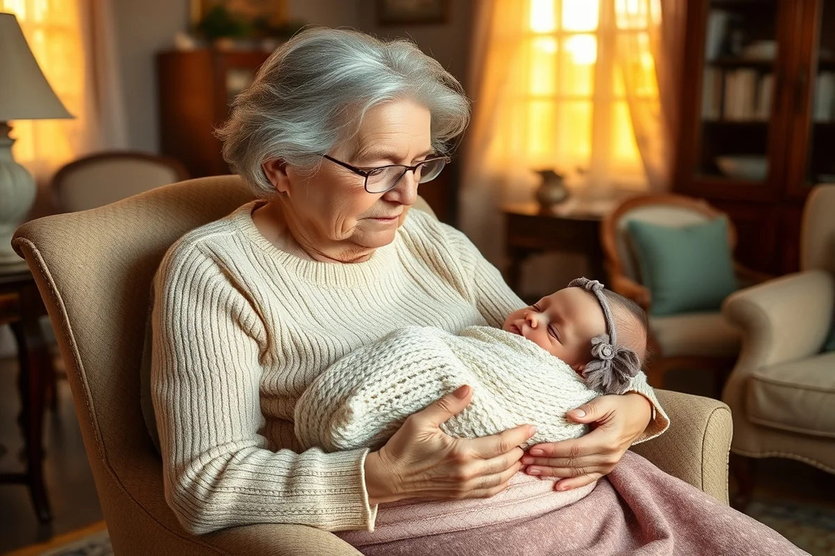 Nonna italiana anziana con capelli d'argento che abbraccia teneramente un neonato addormentato avvolto in copertina di lana color crema, luce pomeridiana calda in soggiorno