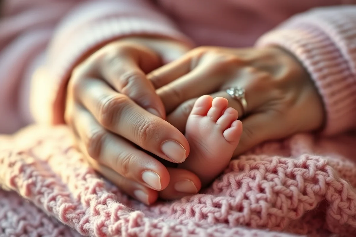Mani anziane con fede d'argento che reggono delicatamente i piedini di un neonato addormentato avvolto in copertina di lana rosa, luce naturale soffusa