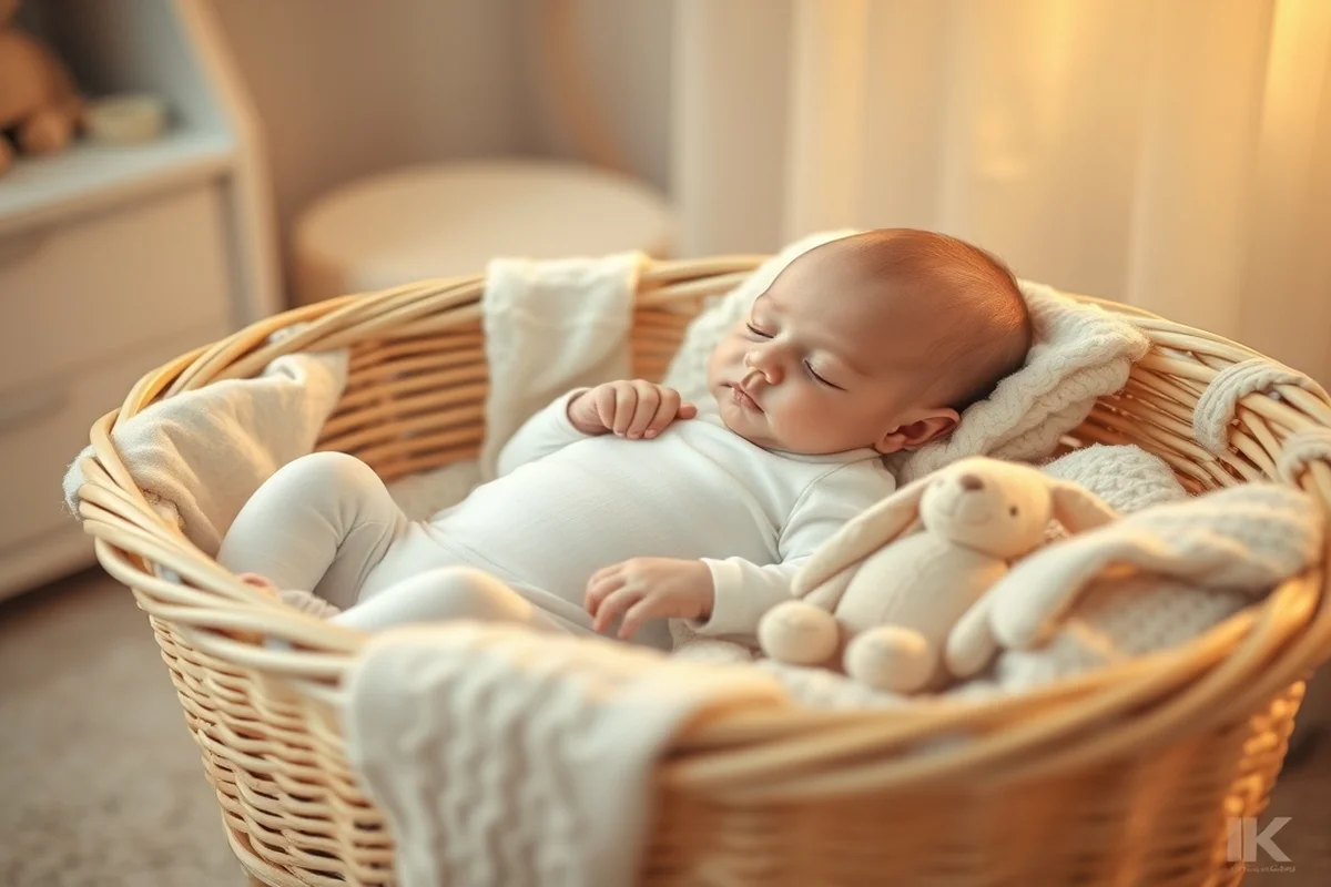 Neonato addormentato in tutina bianca di cotone in una culla di vimini vintage con copertina color crema a maglia e coniglietto di pezza, luce dorata calda
